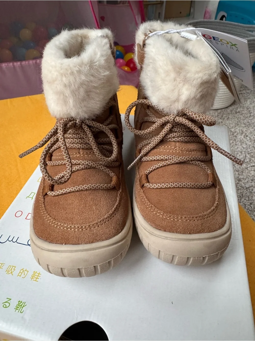 Geox Kids Brown Suede Waterproof Boots with Cream Faux Fur Cuff